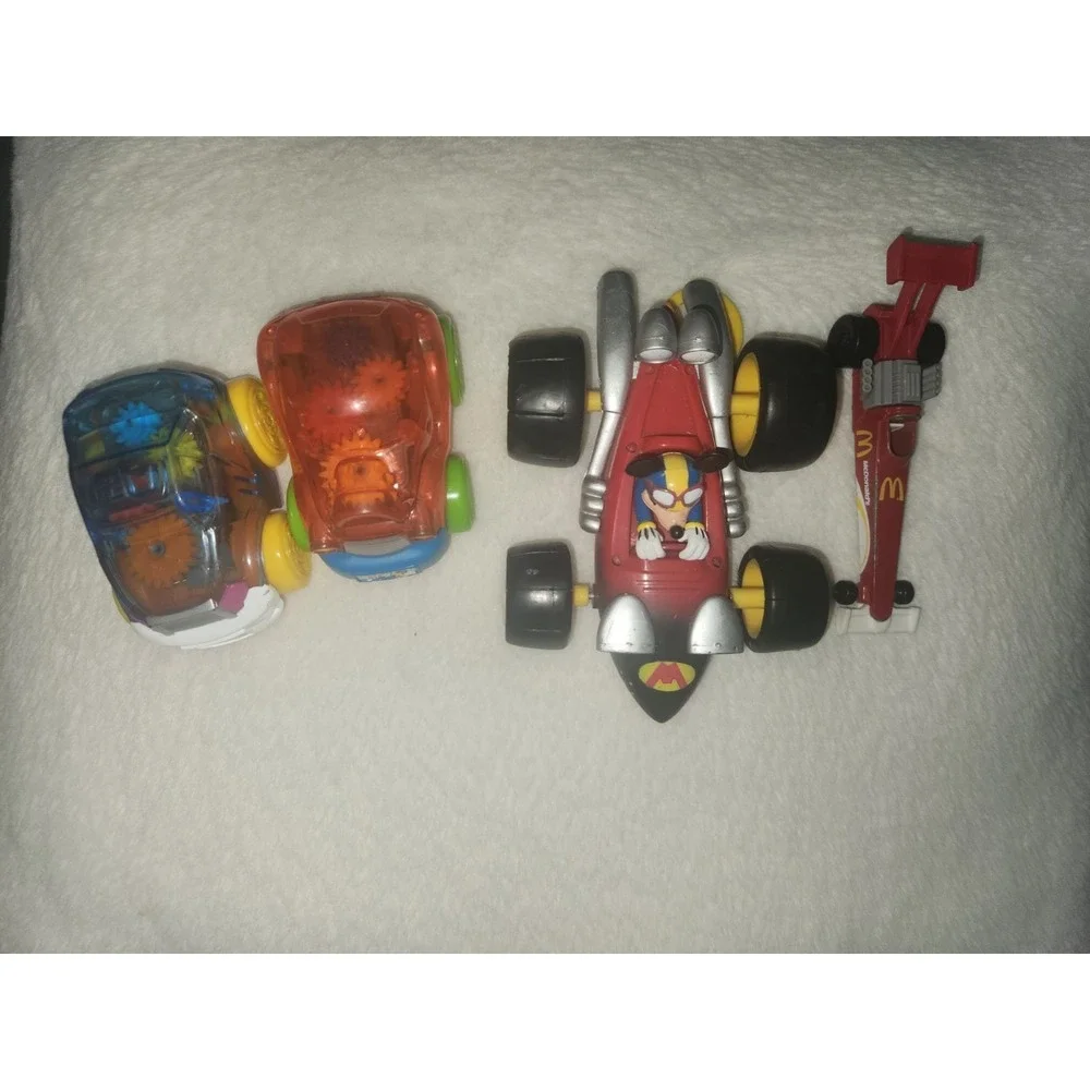 Lot of 4 Vintage toy cars. Pull string Mickey Kart, McDonalds 1993, clear gear